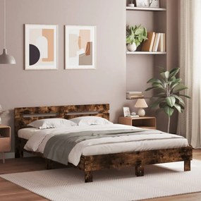 vidaXL Estrutura cama c/ cabeceira/luzes LED 140x190cm carvalho fumado