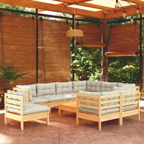 vidaXL 10 pcs conjunto lounge jardim c/ almofadões creme pinho maciço