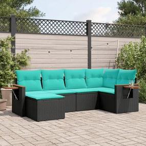 6 pcs conjunto de sofás p/ jardim c/ almofadões vime PE preto