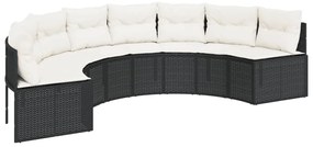 Sofá de jardim com mesa e almofadões semicircular vime PE preto