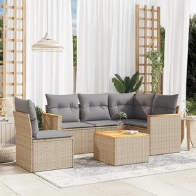 6 pcs conj. sofás jardim c/ almofadões vime PE bege misturado