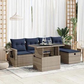 6 pcs conj. sofás jardim c/ almofadões vime PE/acácia castanho
