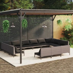 vidaXL 13 pcs conj. lounge jardim c/ almofadões vime PE cinza-escuro