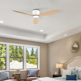 HOMCOM Ventoinha de Teto Motor DC Ø132x18 cm com Controle Remoto 3 Lâminas Reversíveis 6 Velocidades e Temporizador Silencioso para Dormitórios Sala de Jantar Branco e Natural