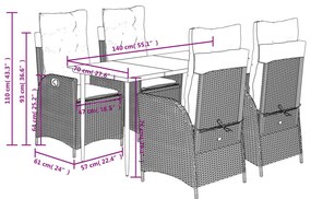 5 pcs conjunto de jantar p/ jardim com almofadões vime PE bege