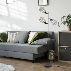 Candeeiro de pé de design industrial, 3 lâmpadas, máx. 40 W, abajur em forma de gaiola de metal preto