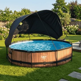 Piscina redonda Wood ø360x76cm com bomba de filtragem e cobertura - Castanha