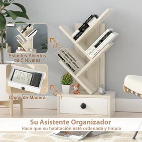Estante forma de árvore de 5 camadas com gaveta utilitária e suporte para armazenamento de livros pequenos 30 x 17,5 x 60 cm Bege