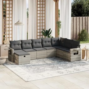 8 pcs conj. sofás jardim c/ almofadões vime PE cinzento-claro