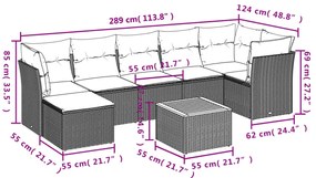 8 pcs conjunto sofás de jardim c/ almofadões vime PE cinzento