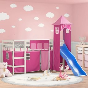 Cama alta para criança com torre 90x200 cm pinho maciço rosa