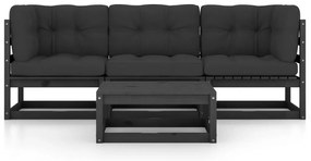 4 pcs conjunto longue de jardim c/ almofadões pinho maciço
