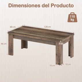 Mesa de Centro Retangular, 120 x 60 x 46 cm, Tampo com Textura Vintage, Castanho