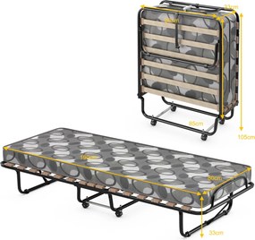 Cama dobrável com colchão Cama de hóspedes portátil com rodas em espuma de memória Estrutura de aço 190 x 80 x 33 cm Cinzento