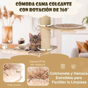 Arranhador para gatos Altura 191 cm Centro de atividades para gatos com poleiro espaçoso Rede postes para arranhar e tapetes laváveis Bege