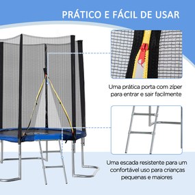 HOMCOM Trampolim de Jardim Ø223cm Trampolim para Crianças Adultos com Superfície de Salto Ø137cm Rede de Segurança Cobertura de Bordas e Escada para Exterior Azul