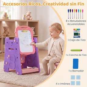 Cavalete Infantil 3 em 1, 43 x 38,5 x 55,5 cm, Quadro de Dupla Face, Rosa