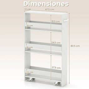 Carrinho de armazenamento estreito para cozinha com 4 prateleiras e rodas 48 x 13 x 81 cm Branco