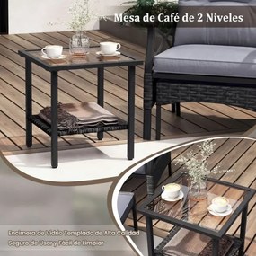 Conjunto de móveis jardim de vime de 5 peças com pufes, almofadas e mesa auxiliar de vidro temperado de 2 níveis para jardim, varanda, preto e cinza e