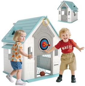 Casa de Brincar para Crianças 5 em 1 Casa de Jardim com Lançamento de Anéis Basquetebol Futebol Dardos 132x118x124 cm Bege, verde, cinzento