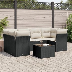 7 pcs conjunto de sofás p/ jardim c/ almofadões vime PE preto