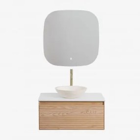 Conjunto De Móveis De Banheiro Em Madeira Tedrik Ash Castanho Fresno & Cimento Redondo Branco Ø40 Cm Zavion & Quadrado Led E - Sklum