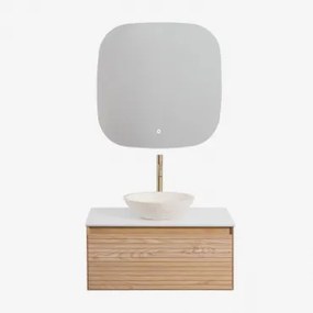 Conjunto De Móvel De Casa De Banho Suspenso 80x50 Cm Em Madeira De Freixo Tedrik Castanho Fresno & Cimento Redondo Branco Ø40 Cm Zavion - Sklum