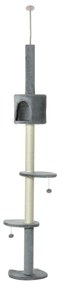 PawHut Árvore Arranhador para Gatos para Fixar ao Teto Altura Ajustável 229-235cm 260-266cm com Plataformas Caverna Postes de Sisal Bolas Penduradas 40x40x217 cm Cinza Claro