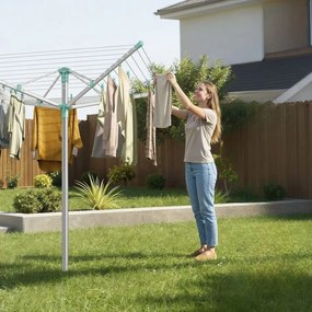 Estendal de roupa com altura ajustável 139,4 x 139,4 x (120-180) cm e fixação ao chão para 4 cargas de roupa, prateado-verde