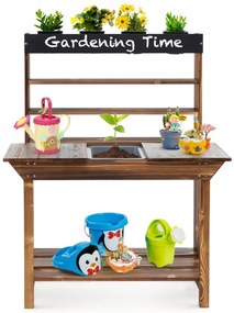 Mesa de jardim para crianças de abeto para crianças dos 3 aos 7 anos com pia amovível 4 vasos Quadro negro adicional Jardim