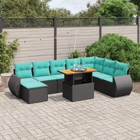 9 pcs conjunto de sofás p/ jardim c/ almofadões vime PE preto