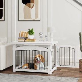 Gaiola para Cães Médios 3 em 1 Mesa Auxiliar Gaiola para Cães com Porta Trava Tampa Superior 82,5x57,5x59,5 cm Branco