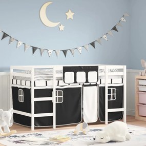 vidaXL Cama alta criança c/ cortina 80x200cm pinho maciço branco/preto