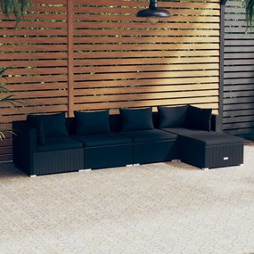 5 pcs conjunto lounge de jardim c/ almofadões vime PE preto