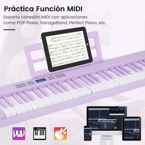 Teclado musical dobrável de 61 teclas, piano eletrónico com fones de ouvido e pedal portátil com bolsa para iniciantes Púrpura