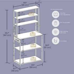 Estante de cozinha com tomadas de 40 x 80 x 167 cm preta