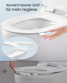 Assento de sanita em forma de D, comprido 46,5 x 36 cm (C x L) (SANITA NÃO INCLUIDA), com sistema de descida suave e fácil remoção, branco