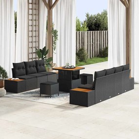 Conjunto de Sofá de Jardim vidaXL de 10 Peças com Almofadas Preto Rattan Poliéster Acácia