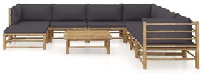 9 pcs conj. lounge jardim em bambu c/ almofadões cinza-escuro