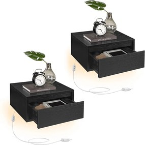 Conjunto de 2 Mesas de cabeceira suspensas 35,1 x 40,1 x 18,1 cm com luz integrada com comando pretas