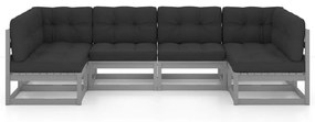 6pcs conjunto lounge de jardim c/ almofadões pinho maciço cinza
