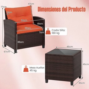 Conjunto jardim de 3 peças: cadeiras de rattan e mesa com tampo de vidro temperado. Mobiliário de exterior em vime para pátio, Castanho com almofadas