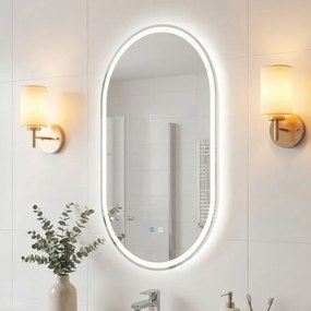 Espelho de casa de banho com iluminação, de parede, 90 x 55 cm, oval, sem moldura, com iluminação LED traseira, 3 modos de cor ajustáveis, antiembacia