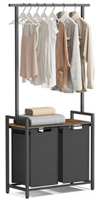 Cesto de roupa suja VASAGLE BLH241B01, 2 seções com prateleira suspensa, cesto removível com prateleira, 72 cm x 33 cm x 170 cm, marrom rústico e preto