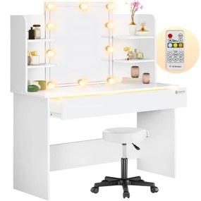 Toucador de maquilhagem Lucia 140x110x40cm com Luzes LED + banco com rodas Branco