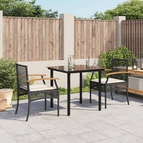 3 pcs conjunto de jantar p/ jardim c/ almofadões vime PE preto