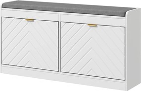 Banco para sapatos, banco com arrumação 106 x 24 x 52,5 cm, assento almofadado, gaveta rebatível, porta com padrão , branco
