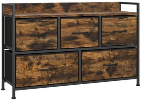 Cómoda com 5 Gavetas de Tecido Cómoda de Estilo Industrial com Estrutura Metálica para Quarto 98x29x63 cm Castanho Rústico