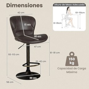 Conjunto de 2 bancos de bar giratórios com apoio para as costas regulável em altura e base metálica em couro sintético castanho vintage