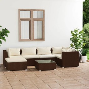 7 pcs conjunto lounge jardim c/ almofadões vime PE castanho